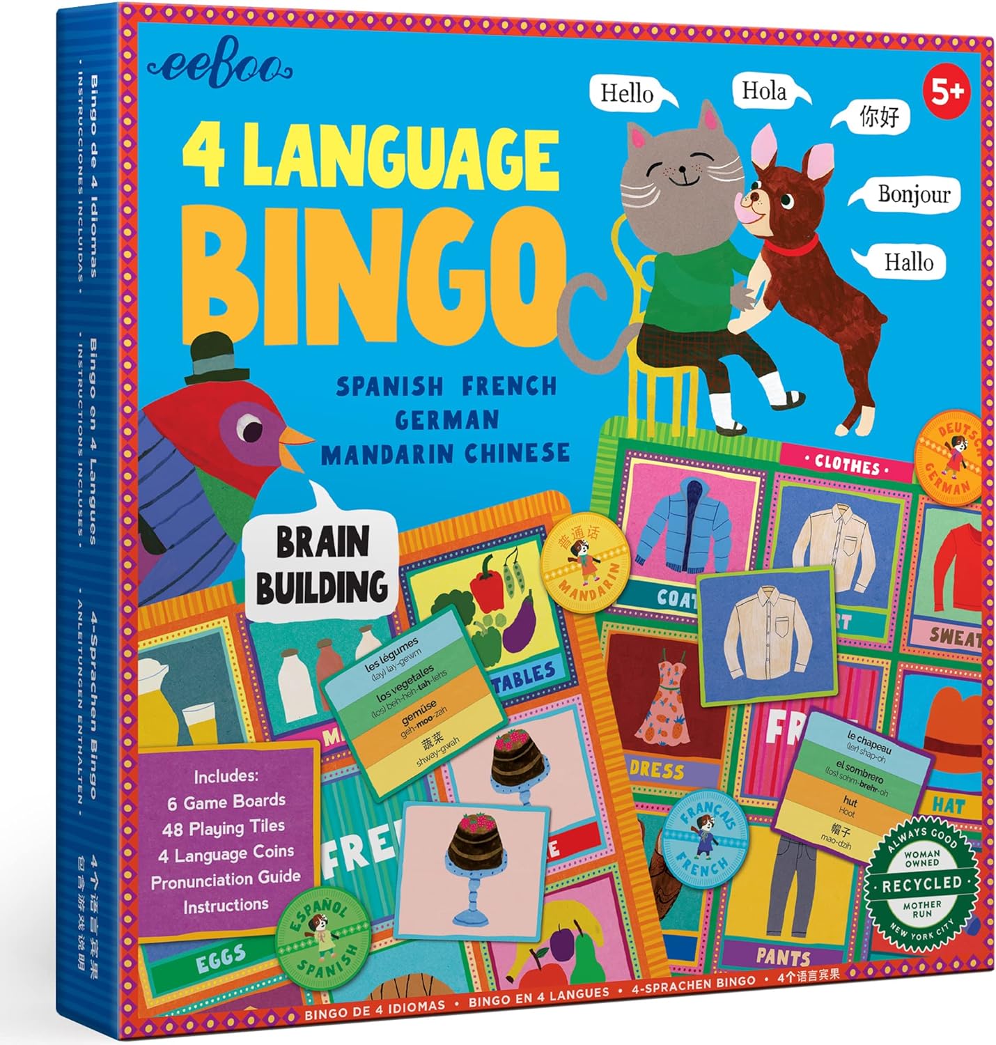 eeBoo 4 Language Bingo Game and Spanish, French, German, Mandarin Chinese