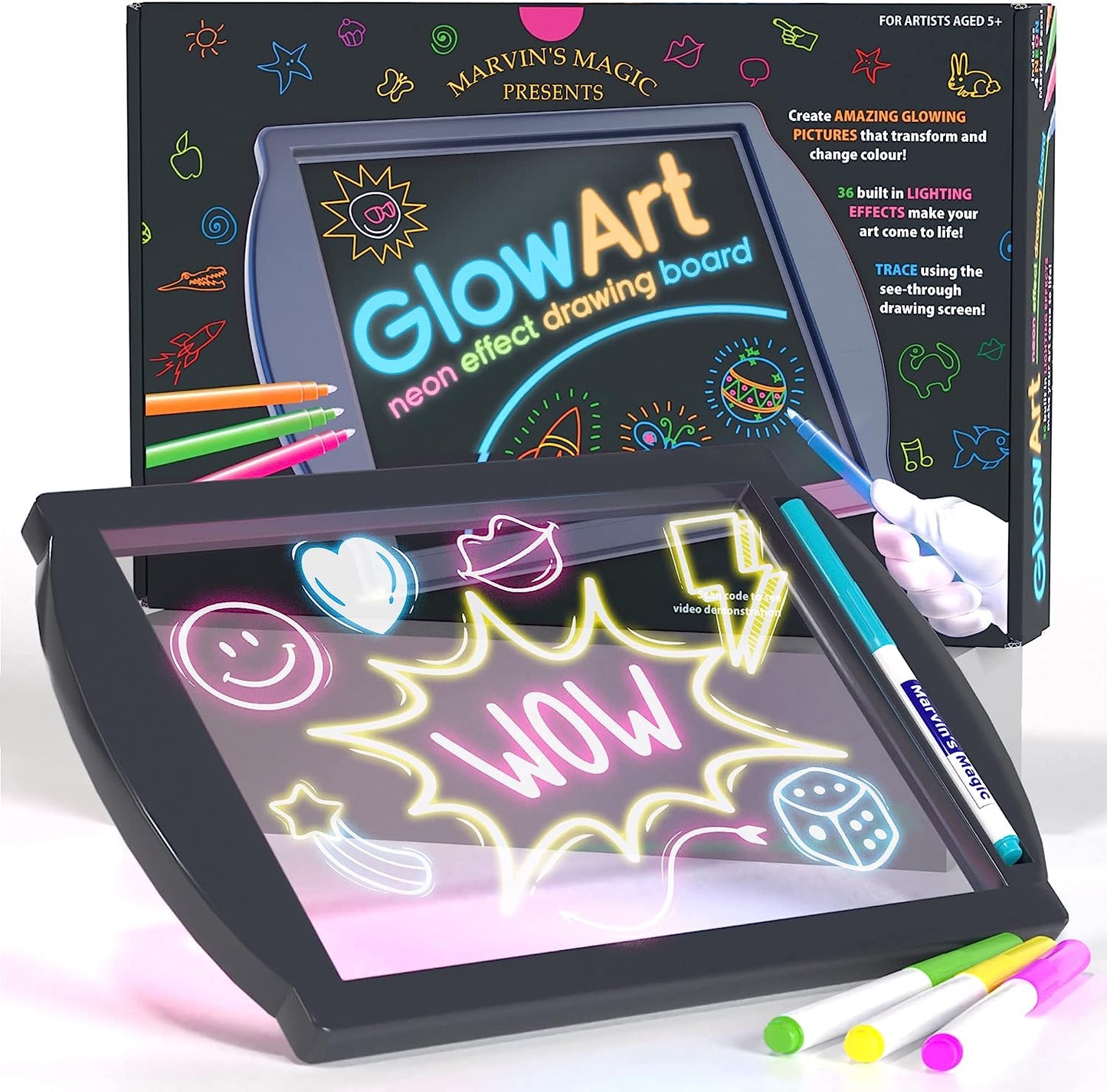 Marvin's Magic - Neon Glow Craft Kit - Craft Set - Light Up Tracing Pad - Drawing Tablet Kids - Neon Magic Kit - Childrens Craft Kits - Battery Powered Doodle Pad - Glow Art Neon Drawing Board- Black