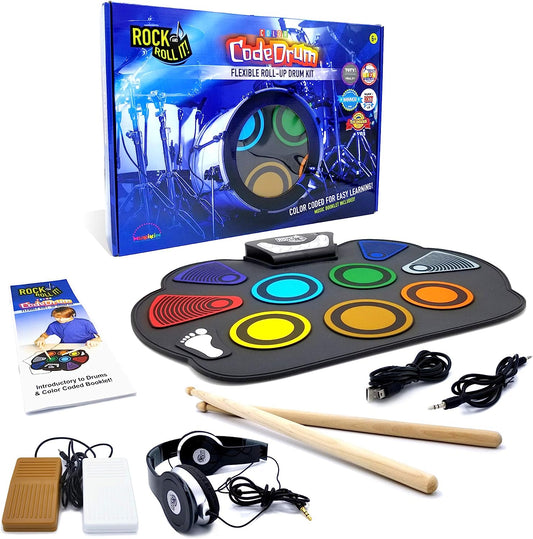 MUKIKIM Rock and Roll It – CodeDrum. Roll Up Portable Drum Set for Kids & Adults. Electronic Silicone Rainbow Drum Pad | Headphones | Pedals | Drum Sticks | Play-by-Color Rhythm Booklet Included