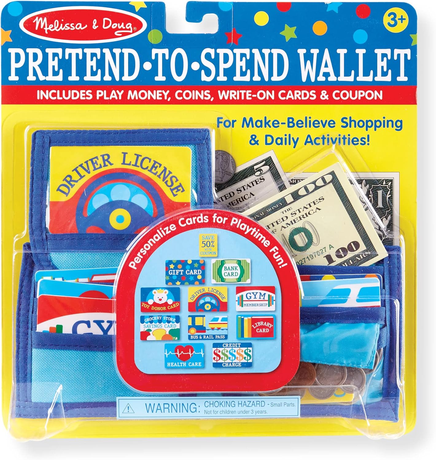 Melissa & Doug Pretend-to-Spend Toy Wallet with Play Money and Cards (45 pcs) , Blue