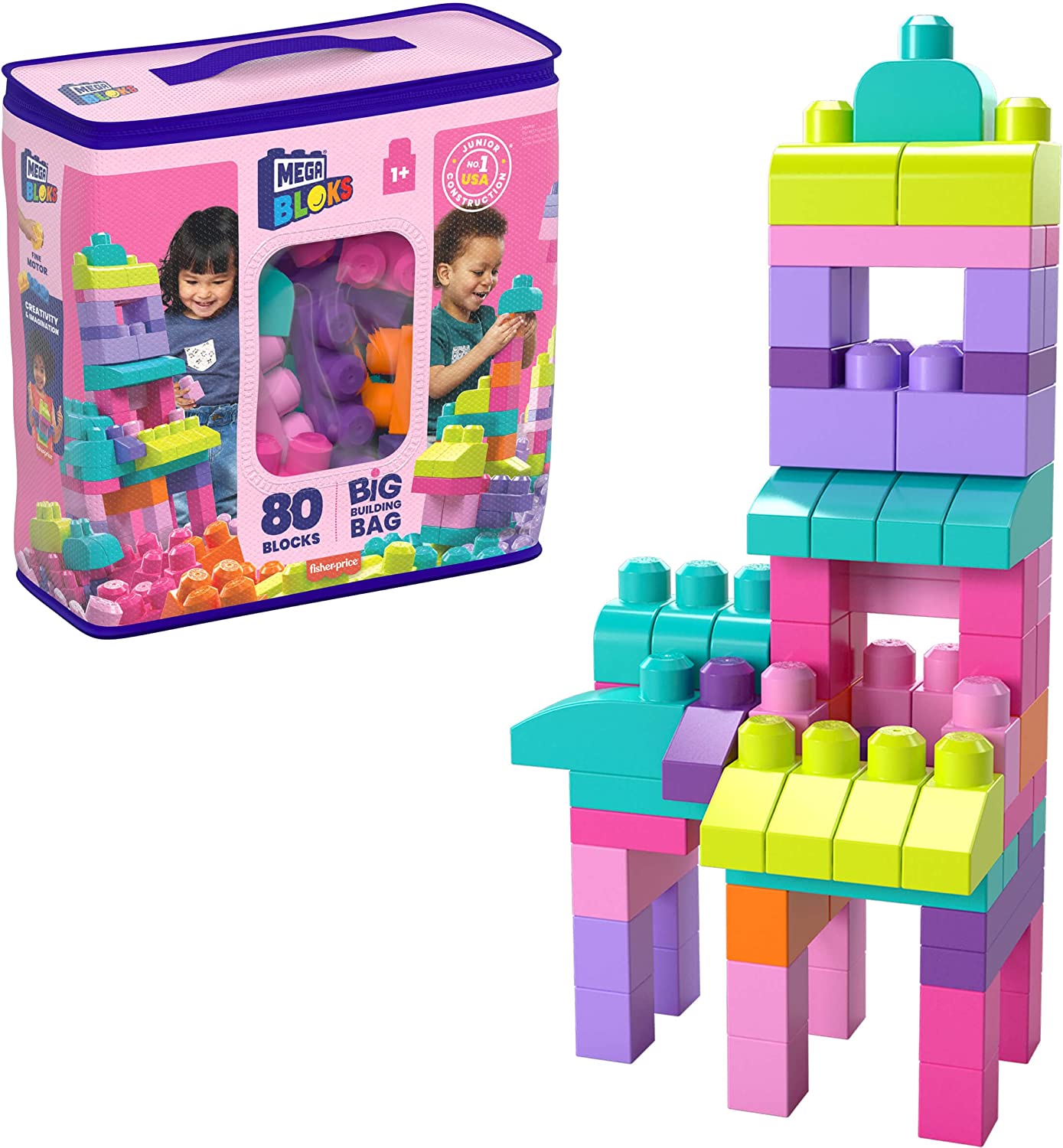 Mega Bloks 80-Piece Building Blocks Toddler Toys with Storage Bag, Pink