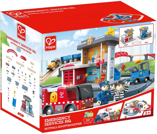 Hape Emergency Services HQ | 2-in-1 Police and Fire Station Complete Playset