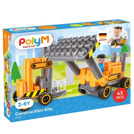 Hape Polym Construction Site | 43Piece Building Brick Forklift Bulldozer Toy Set with Figurines & Accessories