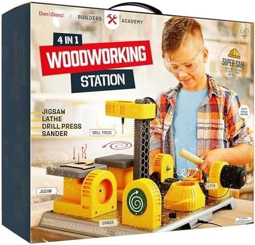 4 in 1 Woodworking Station for Kids - Wood Building Projects Kit - Real Construction Tools Sets