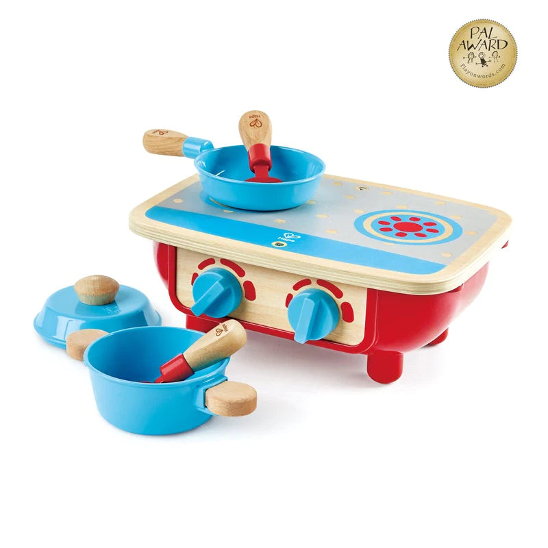 Hape Toddler Kitchen Set | Wooden 6 Piece Cooking Set, Pretend Kitchen Playset with Toy Stove, Frying Pan, Spoon